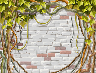 Wall, branches liana, ivy. Brickwork and plants jungle. Old shabby house facade painted white stucco. Vector isolated illustration.