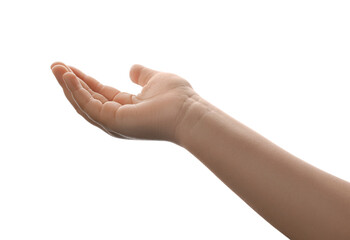 Little child against white background, closeup on hand