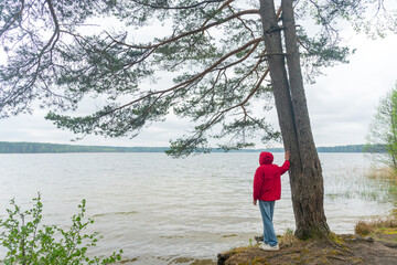 Fototapeta na wymiar A tourist in a red windbreaker jacket stands on the shore of the lake.
