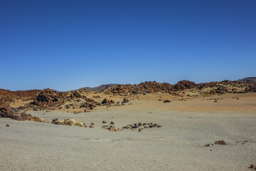 Dramatic moon-like scenery (Paisaje Lunar) at Las Canadas caldera in Teide National Park (Parque nacional del Teide). Tenerife, Canary Islands, Spain.