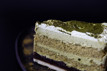 Close up Green tea Cake on Black Plate