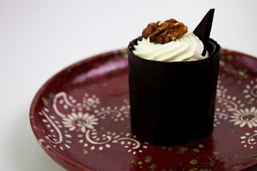 Close up Chocolate Mousse Cake on white background