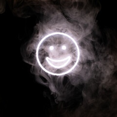 Stylized face expressing emotion glows through the stream of smoke in the dark