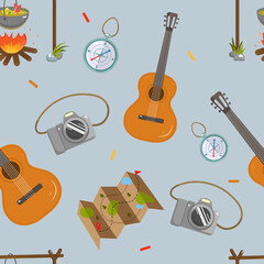 Seamless vector background on the theme of summer outdoor recreation. Camping. Hike. Tourism. Blue background