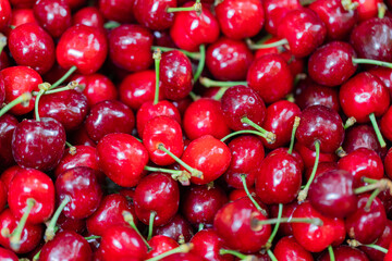 cherries on a market, close-up