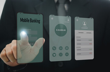 Man hand touching application mobile banking interface UI on a smartphone. Digital marketing networking connection on virtual screen, Business technology concept