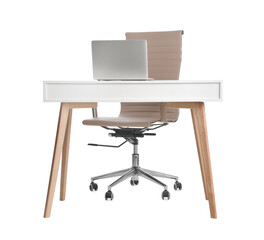 Stylish workplace with laptop and comfortable armchair on white background