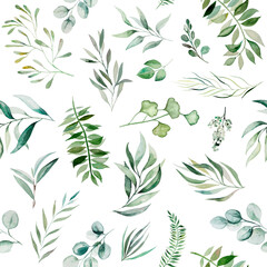 Watercolor green leaves seamless pattern illustration