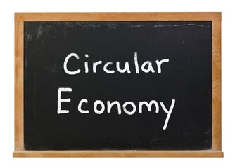 Circular economy written in white chalk on a black chalkboard isolated on white