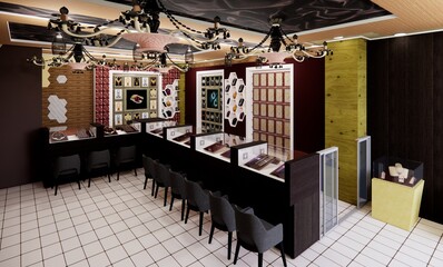 3d render interior design of Jewelry  jewellery shop.