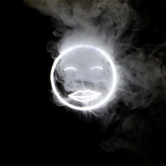 Stylized face expressing emotion glows through the stream of smoke in the dark