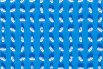 A lot of white pills aligned, viewed from the top angle. Blue background. Realistic 3d render.