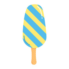 Striped blue-yellow ice cream on a stick
