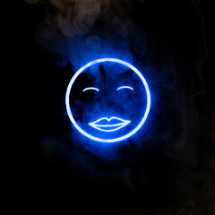 Stylized face expressing emotion glows through the stream of smoke in the dark