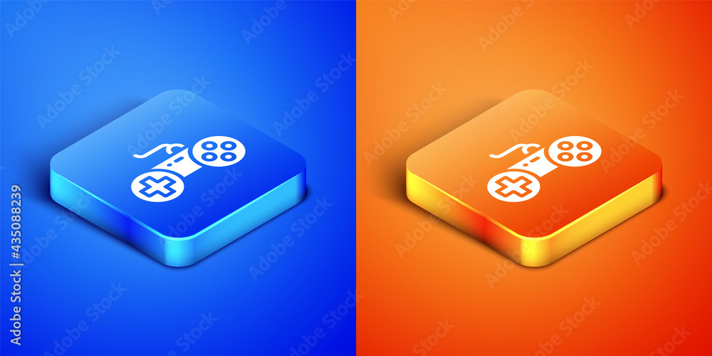 Poster isometric gamepad icon isolated on blue and orange background. game controller. square button. vecto