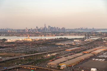 The port of Newark and the Manhattan skyline.