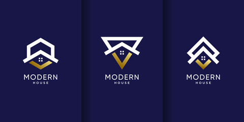 Set of modern house logo design with creative concept in white and golden style color.