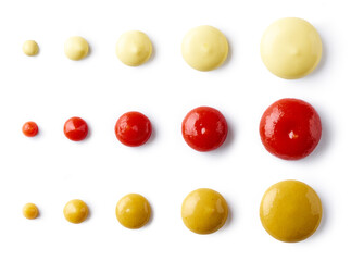 Ketchup mayonnaise and mustard isolated on white, from above