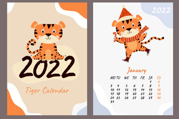 Calendar for January 2022. Cute tiger cub in a scarf and Santa hat, with a lollipop on skates. Year of the Tiger in Chinese. Vector illustration. Week starts on Monday. Vertical template and cover a4
