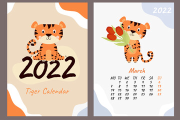 Set of March calendar and cover of 2022. Cute tiger cub with bouquets of flowers - tulips. Year of the Tiger in Chinese or oriental. Vector illustration. Vertical A4 template. Week starts on Monday