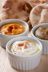 Popular middle eastern appetizer labneh or labaneh, soft white goat milk cheese . Curd  cheese