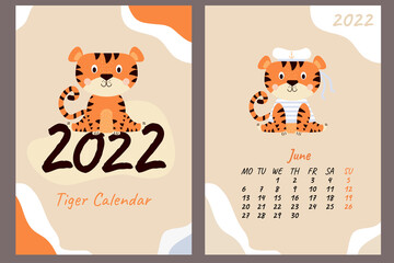 Set of calendar for June 2022 and cover. Cute tiger sailor in a vest and hat with ribbons. Year of the Tiger in Chinese or oriental. Vector illustration. Vertical A4 template. Week starts on Monday