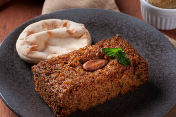 .Baked kebab with side dishes, hummus, babaganoush, curd and pita bread. Arabic food.