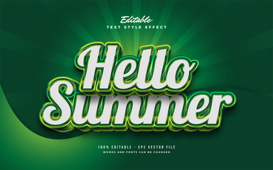 Hello Summer Text in White and Green with 3D Embossed Effect. Editable Text Effect