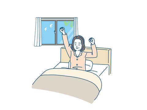 recommend clip art: 起床、目覚める中高年の女性　快眠　起きる　早起き　ミドル　イラスト素材