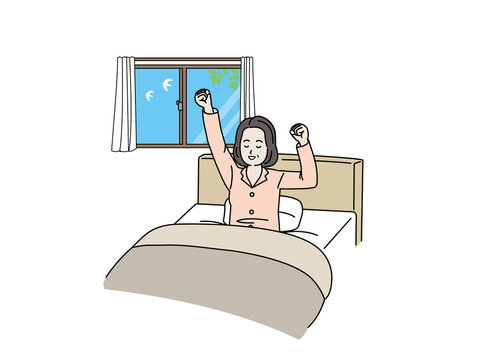 recommend clip art: 起床、目覚める中高年の女性　快眠　起きる　早起き　ミドル　イラスト素材