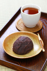 ohagi, japanese traditional sweet, pounded steamed glutinous rice covered with sweet red bean paste
