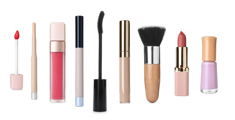 Set with different decorative cosmetics on white background. Banner design