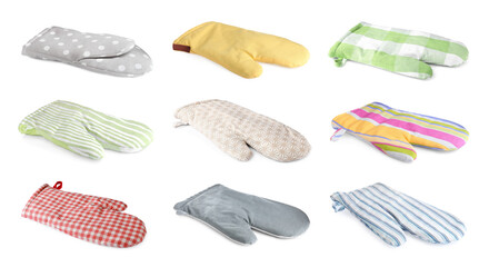 Set with different oven gloves on white background. Banner design