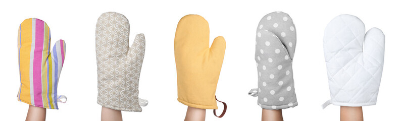 Closeup view of chefs in oven gloves, collage. Banner design