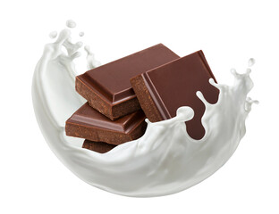 Chocolate bar with milk splash isolated on white background