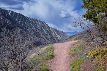 Grandeur Peak hiking trail loop views spring back around Bonneville Shoreline Pipe Line Overlook Rattlesnake Gulch trail, Wasatch Front Rocky Mountains, by Salt Lake City, Utah. United States. USA