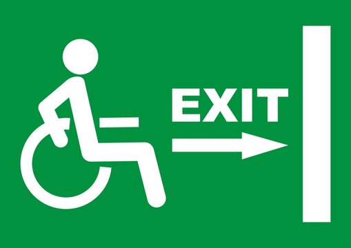 green exit sign plate with a disabled, man figure and arrow to the door as an instruction for directions in case of an emergency, vector icon