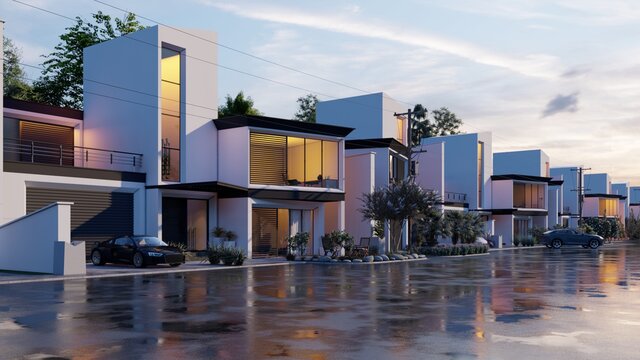 3d render view of beautiful houses exterior, neighborhood