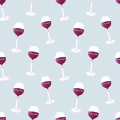 Watercolor hand drawn pattern with glasses of red Wine on a blue background. 