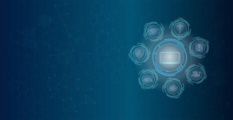 Futuristic interface Christianity  with glowing open bible in the center and church icons around. copy space.