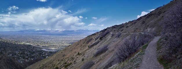Grandeur Peak hiking trail loop views spring back around Bonneville Shoreline Pipe Line Overlook Rattlesnake Gulch trail, Wasatch Front Rocky Mountains, by Salt Lake City, Utah. United States. USA