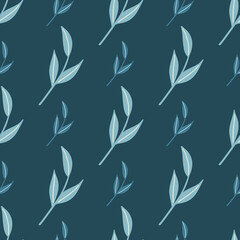 Fototapeta na wymiar Decorative hand drawn nordic leaf twigs seamless pattern. Blue background. Spring style nordic backdrop.