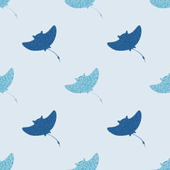 Seamless pattern in minimalistic style with ocean blue colored stingray shapes. Light background.