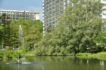 Fototapeta na wymiar L'une des fontaines dans l'un des bras de l'étang d'Anderlecht en pleine végétation luxuriante contrastant avec les barres de la cité Jules Vives 