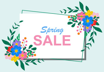 Spring sale banner background with beautiful colorful flower. Abstract background. Vector.