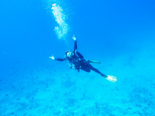 Diver girl soars over the bottom of the Indian Ocean
