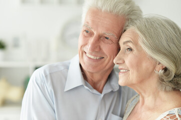 cheerful senior couple embracing at home