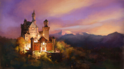 Castle in the night. Castele in mountains. Sunset landscape illustration. High resolution print. 