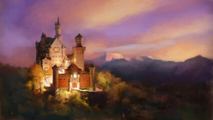Fototapeta premium Castle in the night. Castele in mountains. Sunset landscape illustration. High resolution print. 