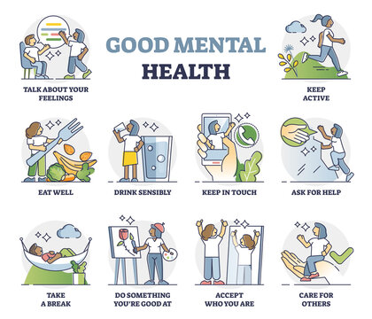 God Mental Health Recommendations And Daily Advices Outline Collection Set. Psychological Wellness Balance And Everyday Tasks To Avoid Stress And Anxiety Vector Illustration. Behavior Routine And Care